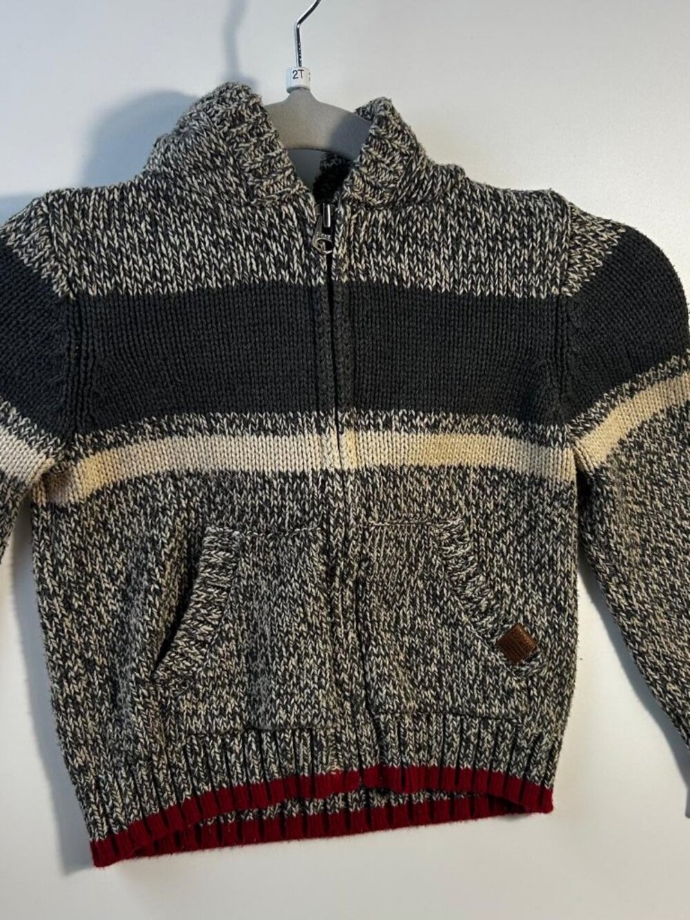Roots Cabin Kids Chunky Knit Zip Cardigan Sweater – Grey Black Red – Size 2T - Picture 2 of 4